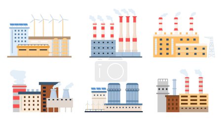 Illustration for Flat factories vector set. Factory buildings collection exterior manufacture, gas station and refinery, engineering chemical building illustration, industry construction architecture vector - Royalty Free Image