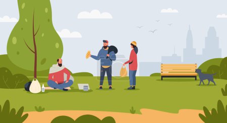 Illustration for Homeless people in park, person poor, beggar character, dirty and poverty, cartoon male low social on street, concept of crisis and jobless problem. Vector illustration - Royalty Free Image