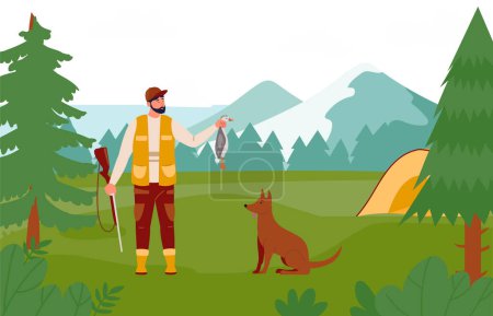 Téléchargez les illustrations : Illustration de chasse, chasseur homme avec chien en bois. Vecteur de chien et d'homme chasseur, chasse la faune, l'homme et l'animal de compagnie dans la nature - en licence libre de droit