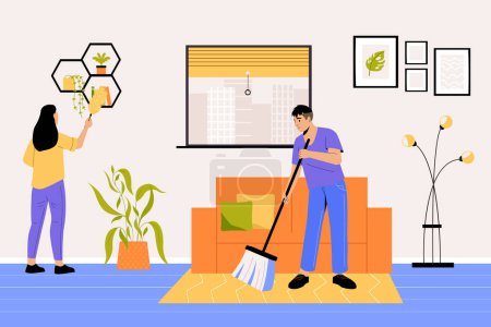 Illustration for Man and woman doing household chores, domestic activities. Vector of household and housekeeping, housework character domestic illustration - Royalty Free Image