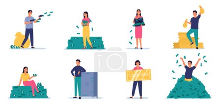 Illustration for Rich people, finance profit set, illustration money cash. Vector of finance profit, rich financial, dollar wealth and success characters - Royalty Free Image