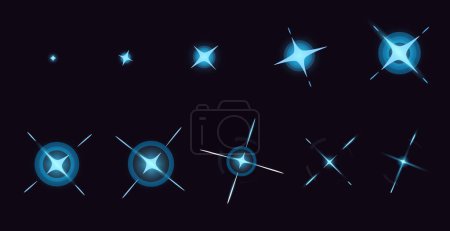 Ilustración de Animación de dibujos animados brillo colorido. Cielo nocturno con estrellas y relámpagos relucientes, magia efecto especial cuadro por cuadro activo videojuego. Vector aislado conjunto de luz brillante efecto ilustración - Imagen libre de derechos
