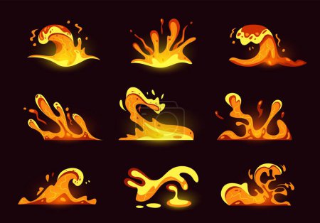 Ilustración de Efecto de juego de salpicadura de lava. Animación de salpicadura de magma de dibujos animados, sangriento gráfico de movimiento de salpicadura de mancha fundida para activos de juego. Vector caliente lava en movimiento conjunto de efecto lava magma ilustración - Imagen libre de derechos