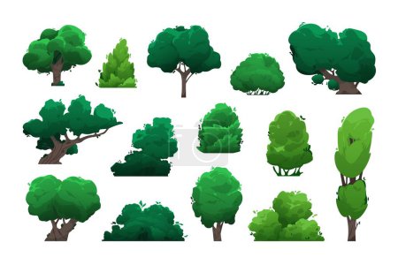 Illustration for Cartoon trees and bushes. Green shrubs and deciduous trees for park landscaping, plant topiary with foliage. Vector isolated set of cartoon garden green plant bush illustration - Royalty Free Image