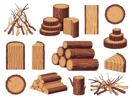 Ilustración de Leña de dibujos animados. Montón de troncos de madera cortados, fardo de leña para fogata o chimenea, tronco de árbol y ramas. Conjunto aislado vectorial de madera aserrada, ilustración de árboles de madera - Imagen libre de derechos
