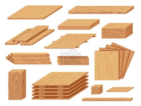 Cartoon plywood. Wood board and sheet for construction and furniture, natural timber material for carpentry industry. Vector isolated set of construction industry material plank illustration