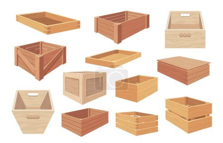 Illustration for Cartoon wooden containers. Open and closed boxes with packages, wooden crates with cargo, warehouse storage packaging concept. Vector set of crate box wooden, wood container illustration - Royalty Free Image