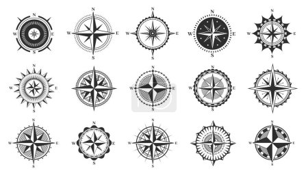 Illustration for Compass sign. Navigation and direction icons, cartography and topography symbols, nautical and marine instruments, north south east west. Vector set of antique dial compass direction illustration - Royalty Free Image
