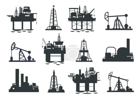 Oil platform silhouette. Offshore petroleum jack derrick tower, energy industry gas extraction plant, fuel production and transportation. Vector illustration of petroleum gas industry silhouette