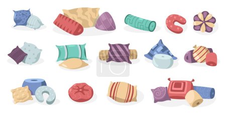 Illustration for Decorative cartoon pillows. Abstract soft comfortable cushion set with different shapes and patterns, home interior textile decor. Vector isolated collection of pillow soft bedroom illustration - Royalty Free Image