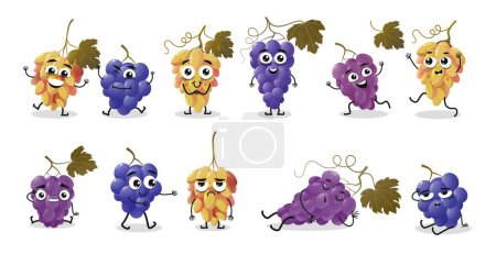 Illustration for Cartoon grape character. Funny bunch of emoticon emotions with different faces, cute cheerful emoji for chat and messenger. Vector isolated set of cartoon fruit food, grape character illustration - Royalty Free Image