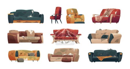 Dirty broken couches. Cartoon old torn sofa with spring damage and spider web, broken furniture for home and office. Vector isolated set of dirty broken couch illustration