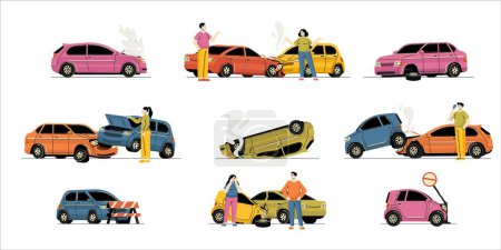 Illustration for Cartoon car crash. Wrecked broken crashed vehicles on road, car accident with damage and driver injury. Vector isolated set of broken wreck cartoon illustration - Royalty Free Image