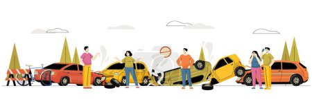 Autounfallkonzept. Cartoon-Mann ruft nach einem Autounfall um Hilfe, Kfz-Versicherung, Verkehrssicherheit und Verkehrsunfall. Vektorillustration des Unfallautos