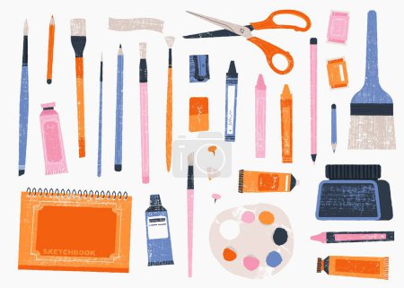 Illustration for Painting tools and materials. Cartoon artist paintbrushes, pencils, tubes, palette and other painting equipment. Vector sketch kit isolated set of paint cartoon drawing tools illustration - Royalty Free Image