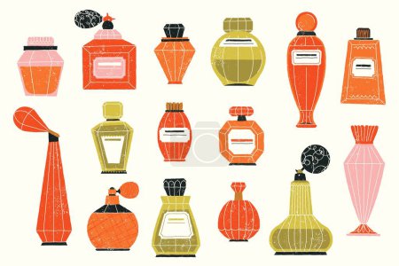 Illustration for Cartoon perfume bottles. Hand drawn doodle glass flasks with sprayers, cosmetic containers with perfume aroma for woman. Vector isolated set of perfume cartoon bottle illustration - Royalty Free Image
