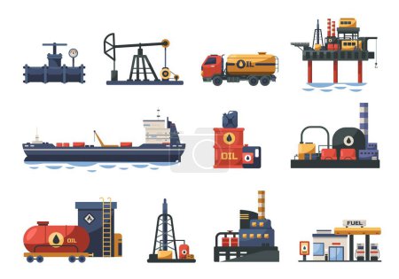 Illustration for Oil refining industry. Cartoon oil refinery plant with oil barrels and pipeline, tanker truck and tanker ship, production concept. Vector collection - Royalty Free Image