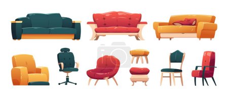 Illustration for Trendy sofas chairs armchairs. Cartoon comfortable furniture for living room interior, modern couch and armchair with pillows. Vector isolated set of comfortable furniture for home illustration - Royalty Free Image