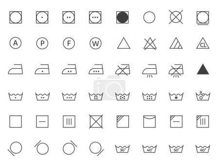 Illustration for Laundry instruction line icons. Washing and cleaning symbols, clothes care instruction, textile cleaning guideline flat style. Vector isolated set. Ironing and drying fabric information - Royalty Free Image