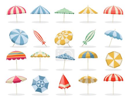 Illustration for Beach umbrella. Summer parasol, protection from sun flat design, colorful top view of sea beach sunshade, holiday and vacation umbrella concept. Vector set. Relaxation on coast in summertime - Royalty Free Image