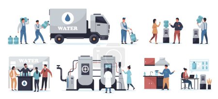 Illustration for Water delivery service. Cartoon man with plastic bottle, van and truck with barrels, aqua distribution and transportation concept. Vector set. Characters presenting and delivering products - Royalty Free Image