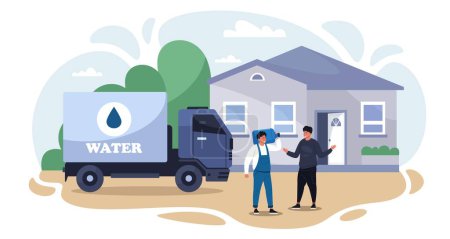 Illustration for Water delivery concept. Cartoon characters with mineral water bottle and tank, online delivery service of clean drink. Vector isolated illustration. Deliveryman shipping pure liquid in containers - Royalty Free Image