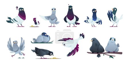 Illustration for Cute pigeon characters. Cartoon flying doves with different emotions, romantic couple and family with kids, flying birds in love. Vector set. Isolated eating worms, comic sitting birds - Royalty Free Image