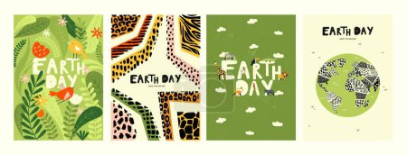 Illustration for Earth day poster. Minimalistic flyer with earth globe and leaf, save earth concept. Vector 22 april banner for global environmental protection. Flora and fauna, birds in foliage, exotic animals - Royalty Free Image