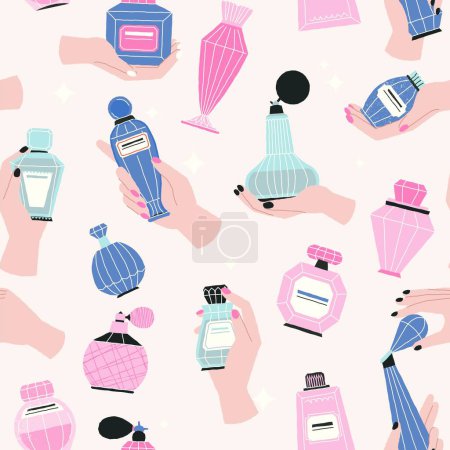 Illustration for Cartoon perfume pattern. Abstract grungy doodle bottles and flasks with aroma liquid, feminine cosmetic packaging design. Vector texture. Female hand holding glamorous products textile - Royalty Free Image