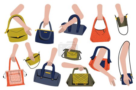 Illustration for Hands hold woman purse. Cartoon elegant female bags, fashionable lady accessories, chic handbag with handle, trendy stylish objects. Vector isolated set. Leather casual and trendy clutches - Royalty Free Image