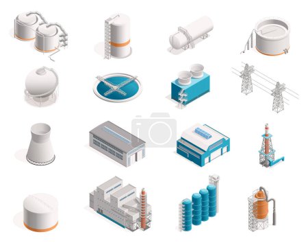 Illustration for Isometric factories. Industrial buildings with production and warehouse, industrial estate with oil refinery and mill. Vector set. Water purification system, plants engineering and recycling - Royalty Free Image