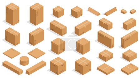 Illustration for Isometric cardboard boxes. Vector square and rectangular packaging cardboard containers for delivery, shipping and storage. Flat simple shapes. Transportation of fragile products in packing - Royalty Free Image