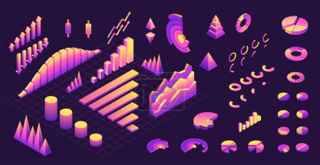 Illustration for Isometric futuristic data graphic. Abstract pyramid chart with progress steps, modern infographic design elements. Vector isolated collection. Graph, pie, arrow elements for report or presentation - Royalty Free Image