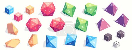 Illustration for Rpg game dice. Cartoon polyhedral dice for board role playing game, fantasy gaming elements for app web design. Vector set. Colorful object for entertainment - Royalty Free Image