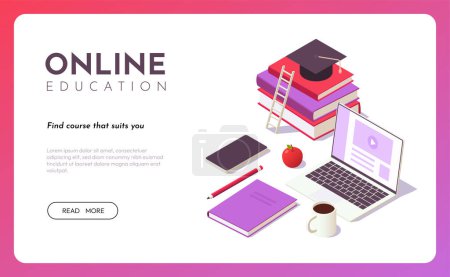 Illustration for Online education isometric concept. Distance learning, online courses, web education, study from home. Vector isolated illustration. Stack of books, laptop and notebook landing page - Royalty Free Image