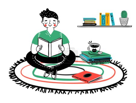 Illustration for Man reading book at home, sitting on floor. Character sitting and education, person young leisure, read literature illustration - Royalty Free Image