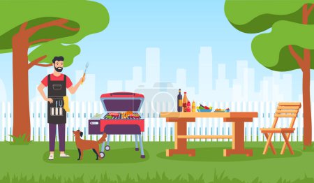Bbq im Garten oder Park, Tisch und Stühle. Vektor des Outdoor-Parks, Möbel Sommer Illustration, Grill-Design und Grill-Picknick