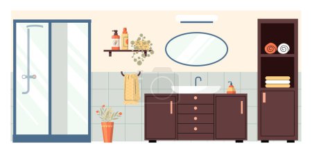 Illustration for Cartoon bathroom interior for apartment design flat. Vector of apartment bathroom cartoon home interior illustration, bath furniture modern - Royalty Free Image