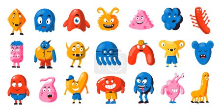 Ilustración de Colección de formas de monstruo divertido para juguetes para niños. Vector del monstruo colorido de la mascota, halloween del bebé de la expresión, ilustración alegre de la forma mutante - Imagen libre de derechos