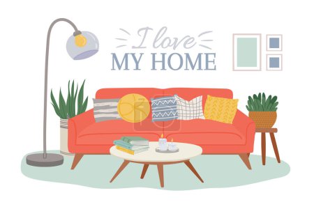 Illustration for Scandinavian cozy interiors my home with sofa. Cozy furniture, home interior, scandinavian sofa, modern room apartment illustration vector - Royalty Free Image