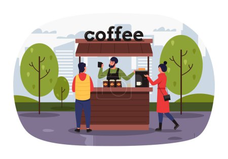 Téléchargez les illustrations : Vendeurs de rue, café et clients dans le parc. Vecteur de rue de café, vendeur café extérieur, client près illustration kiosque - en licence libre de droit