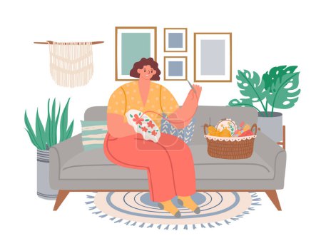 Illustration for Woman embroidering. Relax at home. People do hobby in home. Vector of woman at home, hobby craft, embroider leisure design illustration - Royalty Free Image