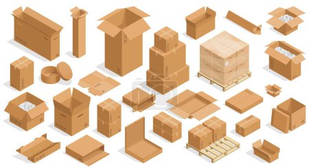 Illustration for Isometric open boxes. Closed and open cardboard carton crates, square and rectangular packaging containers. Vector isolated set. Retail business parcels of various shapes for delivery or shipping - Royalty Free Image