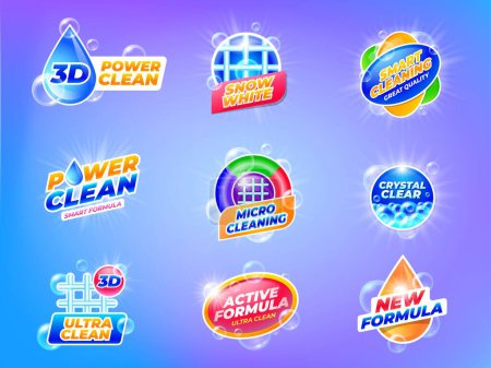 Laundry disinfectant emblems. Washing gel and powder detergent for clothes label template, cleaning and hygiene products, laundry soap with bubbles. Vector set. Active new formula sticker