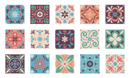 Illustration for Oriental square ornaments. Seamless pattern of traditional arabic mosaic tiles, decorative geometric elements for wrapping design. Vector texture. Floral patchwork, colorful textile - Royalty Free Image