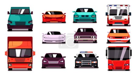 Illustration for City car front. Front view of sedan, van, truck and cargo vehicle, urban transport flat style. Vector logistic and delivery service concept. Different automobiles as ambulance and police - Royalty Free Image