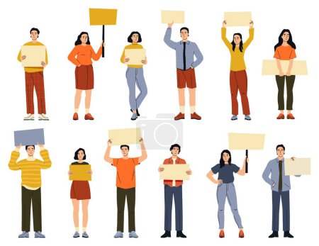 Illustration for People holding banners. Cartoon characters with blank poster and signboard, flat mockup template with empty space for text or design. Vector illustration. Demonstration with announcements - Royalty Free Image