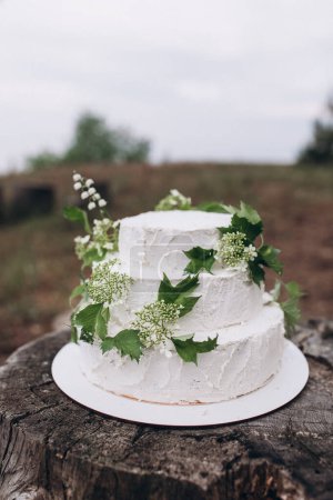 Téléchargez les photos : Gâteau de mariage blanc à trois niveaux fait de crème et de biscuit se dresse sur une souche dans une forêt d'été et décoré avec des branches de verdure et de fleurs - en image libre de droit