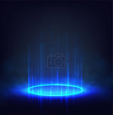 Futuristischer Science-Fiction-Hintergrund. Blaues Kreisportal mit Lichterketten und Funkeln.
