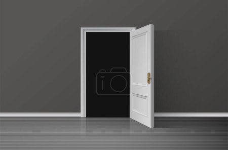 realistische Vektor-Illustration Hintergrund. Offene weiße Holztür mit Dunkelheit im Raum.